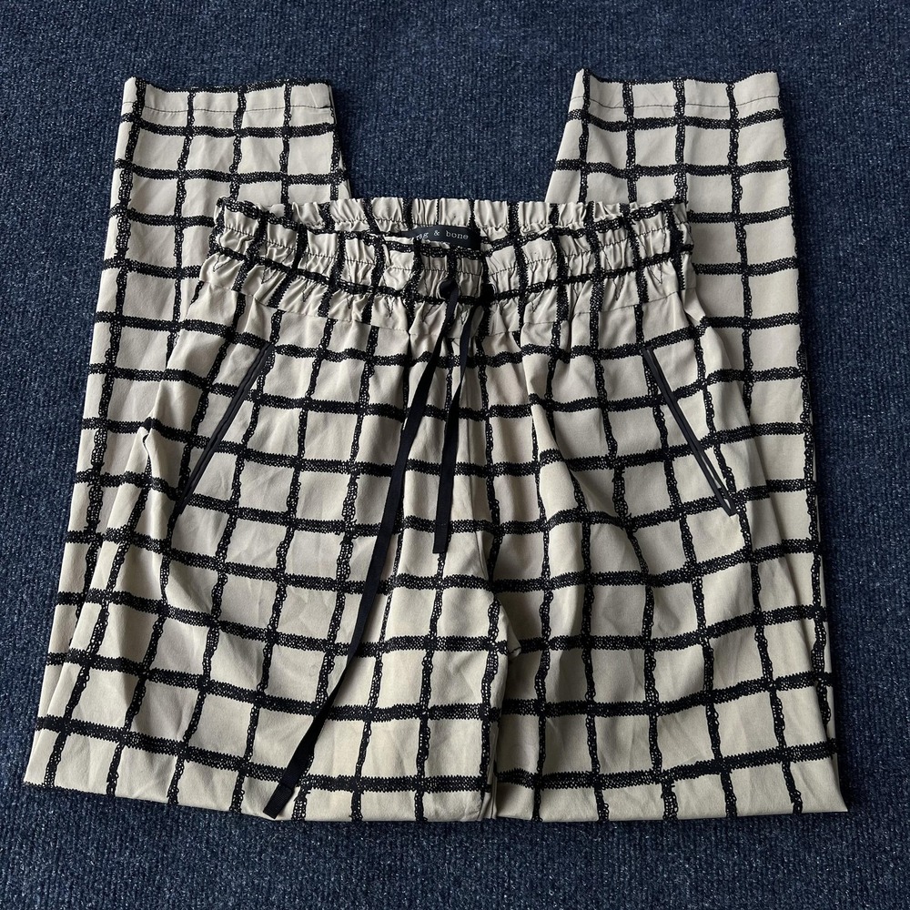 rag & bone Pants Womens Medium Beige Black Silk Jogger Windowpane Made USA